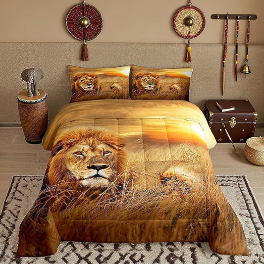 Lion Bedding Set King Size,3D Print Wild Animals Comforter Set for Teens Adult Men Room Decor,Natural Sunset View Quilt Set Rustic Prairie Duvet Insert 3pcs with 2 Pillowcases
