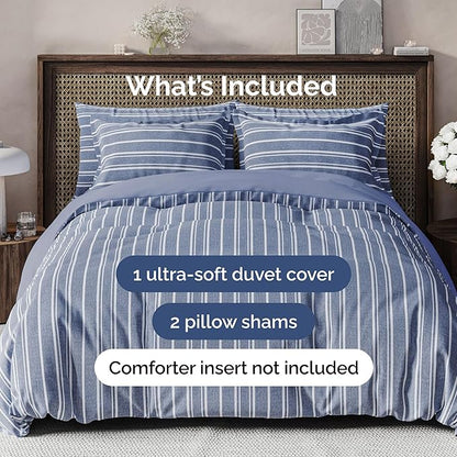 Duvet Cover Full Size Set - Extra Soft Full Duvet Cover 80" x 90" with 2 Pillow Shams - Hotel Luxury, Easy Care & Fade Free with Zipper Closures & Ties - All Season, Comfy & Breathable (Blue Stripes)