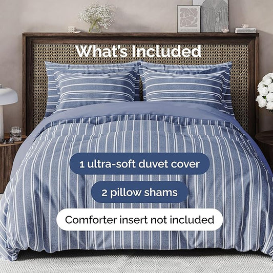 Duvet Cover Full Size Set - Extra Soft Full Duvet Cover 80" x 90" with 2 Pillow Shams - Hotel Luxury, Easy Care & Fade Free with Zipper Closures & Ties - All Season, Comfy & Breathable (Blue Stripes)