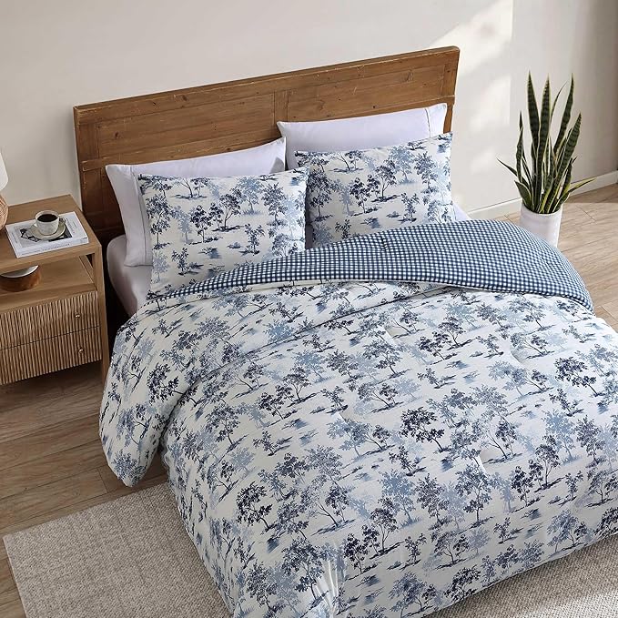 Eddie Bauer - Full/Queen Comforter Set, Super Soft Reversible Bedding with Matching Shams, Buffalo Check Reverse, Rustic Inspired Room Essentials (Vintage Forest Toile Blue, Full/Queen)