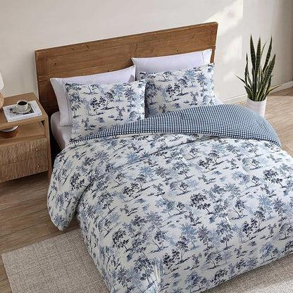 Eddie Bauer - Twin Comforter Set, Reversible Bedding with Matching Sham, Buffalo Check Reverse, Dorm Essentials (Vintage Forest Toile Blue)