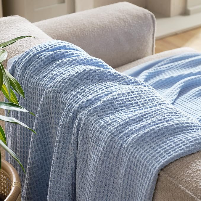 Bedsure Gentlesoft 100% Cotton Blanket Twin XL Size for College Dorm - Cooling Breathable and Soft for Spring Summer, Waffle Weave Twin Blanket for Bed, Dorm Room Essentials, Sky Blue, 66x90 inches