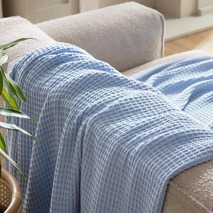 Bedsure Gentlesoft 100% Cotton Blue Blanket Queen Size for Bed - Cooling Breathable and Soft for Spring Summer, Thick Cozy Waffle Weave Blanket Gifts for Women, Sky Blue, 90x90 Inches