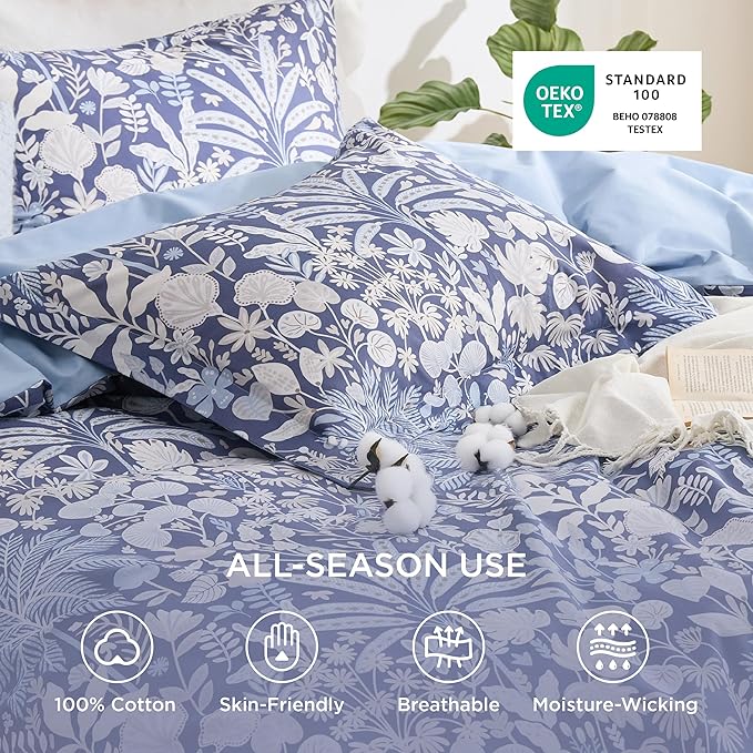 Bedsure Duvet Cover Queen Size - 100% Cotton Reversible Floral Duvet Cover Set with Zipper Closure, 3 Pieces Soft & Breathable PureWoven Vintage Indigo Blue Bedding Set with 2 Pillow Shams 20"x26"