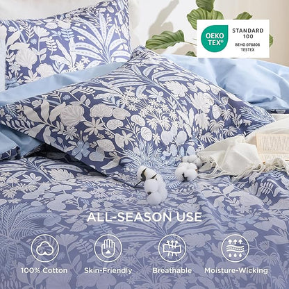 Bedsure Duvet Cover Queen Size - 100% Cotton Reversible Floral Duvet Cover Set with Zipper Closure, 3 Pieces Soft & Breathable PureWoven Vintage Indigo Blue Bedding Set with 2 Pillow Shams 20"x26"