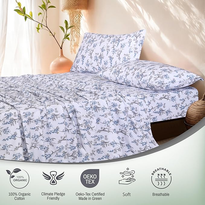 RUVANTI 100% Organic Cotton Sheets California King, Percale Weave, GOTS Certified, 4-Piece Set, Deep Pocket 13", Crisp & Breathable, Soft Durable Bedding, Sábanas Algodón Orgánico – Deluxe