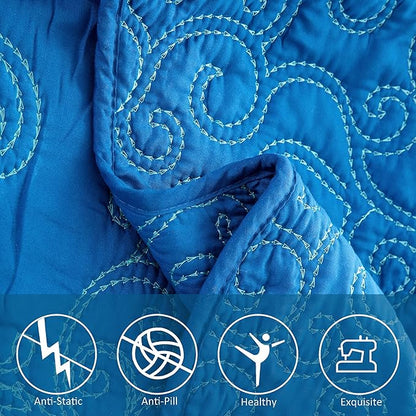 Home Soft Things Damask 4 Piece Bedspread Set,Scalloped Edge Reversible Quilt Coverlet Comforter Prewashed Bedding Set, Matelasse Embossed Floral Solid Pattern,Palace Blue Oversize King(120" x 120")