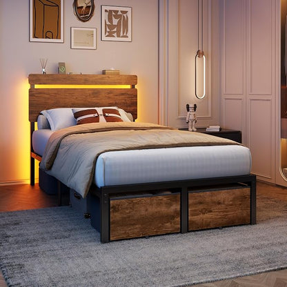 Forestell Twin Bed Frame with Wood Headboard,2 Storage Drawers & Shelf | Built-in Charging Station & LED Lights, Metal Support, No Box Spring Needed, noise-free, easy assembly, Smart RGB, USB+Type-C