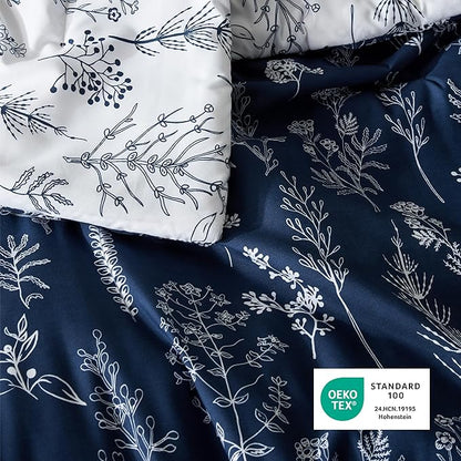 Bedsure Queen Comforter Set - Navy Bed Set, 3 Pieces Cute Floral Bedding, 1 Soft Reversible Botanical Flowers Comforter and 2 Pillow Shams