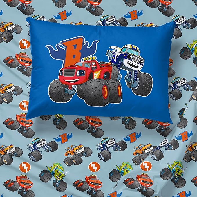 Jay Franco Kids Comforter Set Includes Sheets and Pillow Covers - Soft and Cozy Bed Set for Stylish Room Decor, Blue - Blaze and The Monster Machines, 4 Piece Toddler Size Bedding