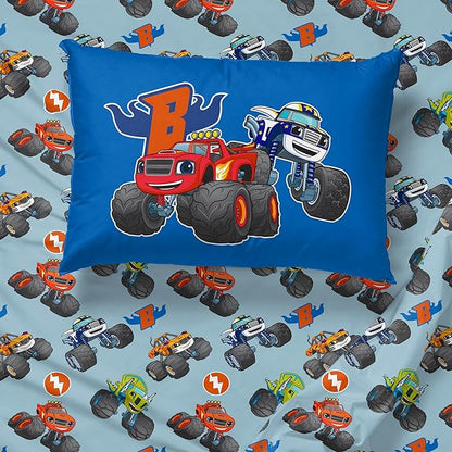 Jay Franco Kids Comforter Set Includes Sheets and Pillow Covers - Soft and Cozy Bed Set for Stylish Room Decor, Blue - Blaze and The Monster Machines, 4 Piece Toddler Size Bedding