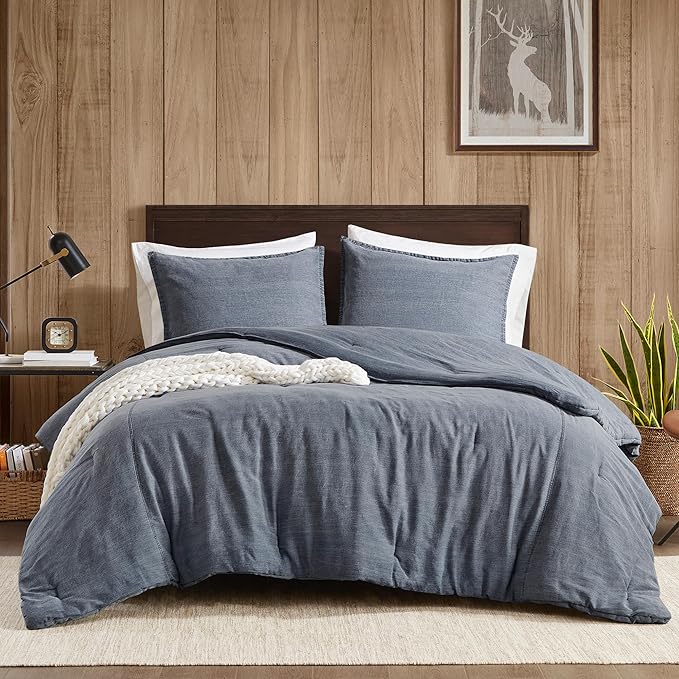 Woolrich King Comforter Set Cotton Stone Washed, Oversized Comforters King Size Bed, All Season Down Alternative Overfilled King Size Comforter, McKenzie, King/Cal King Blue 3 Piece