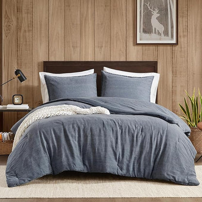 Woolrich King Comforter Set Cotton Stone Washed, Oversized Comforters King Size Bed, All Season Down Alternative Overfilled King Size Comforter, McKenzie, King/Cal King Blue 3 Piece