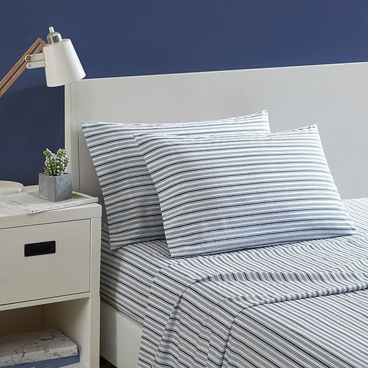 Nautica - Queen Sheets, Cotton Percale Preppy Bedding Set, Crisp & Cool, Lightweight & Breathable (Coleridge Stripe Blue, Queen)