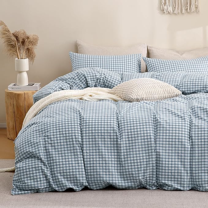 TOCOMOA Blue Gingham Duvet Cover Bedding Set 100% Washed Cotton Like Linen Feel Super Soft Comfortable 3 Piece Vintage Plaid Checkered Comforter Cover Set (King 104"x90", Comforter Not Included)