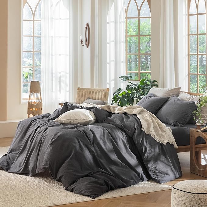 MooMee Bedding Duvet Cover Set 100% Washed Cotton Linen Like Textured Breathable Durable Soft Comfy (Heathered Dark Grey, Full 80"x90")