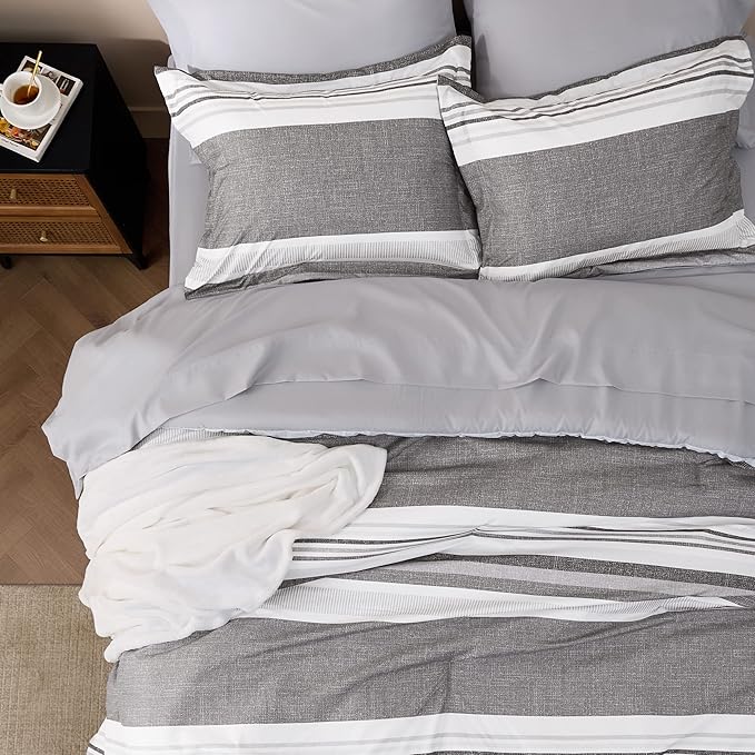 Bedsure Twin Comforter Set 5 Pieces, Frost Grey Striped Bedding Set for All Seasons, Reversible, Cationic Dyeing Bed in a Bag with Comforter, Sheets, Pillowcase & Sham