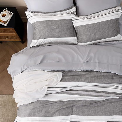 Bedsure Full Comforter Set 7 Pieces, Frost Grey Striped Bedding Set for All Seasons, Reversible, Cationic Dyeing Bed in a Bag with Comforter, Sheets, Pillowcases & Shams