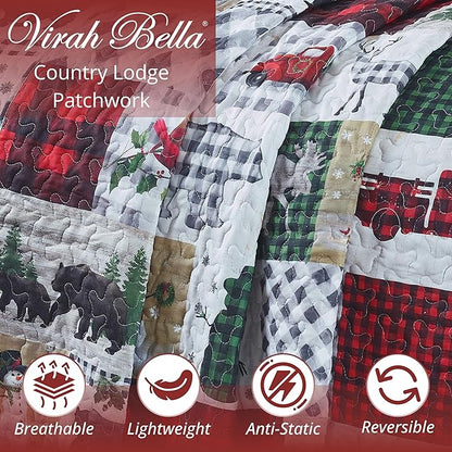Virah Bella 3 Piece King Lodge Quilt Bedding Set - Rustic Country Reversible Comforter Set with Decorative Pillow Shams - Country Lodge Patchwork