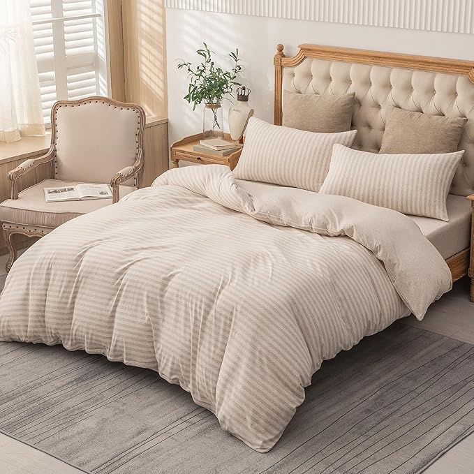 PURE ERA Jersey Knit Duvet Cover Set 100% T-Shirt Heather Cotton Super Soft Comfy Classic Striped Design, with Zipper Closure, Heather Beige Stripe, King