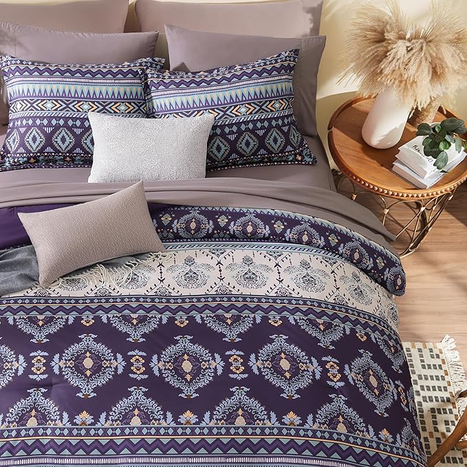 Geniospin King Size Comforter Set- 7 Pieces Boho Bed in a Bag, Western Bedding Set for All Seasons, Soft Aztec Bedding, Lightweight Comforter Bed Set with Sheets, Pillowcases & Shams