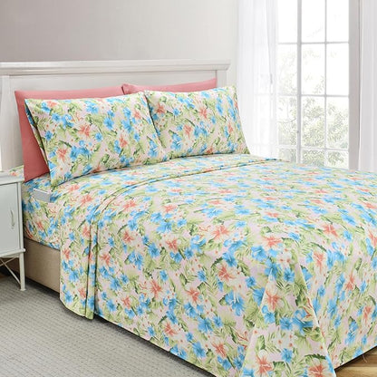 Elegant Comfort Softest and Coziest 6-Piece Sheet Set - 1500 Premium Hotel Quality Microfiber - Deep Pocket, Wrinkle Resistant 6-Piece Floral Magnolia Pattern Bed Sheet Set, Twin, Magnolia