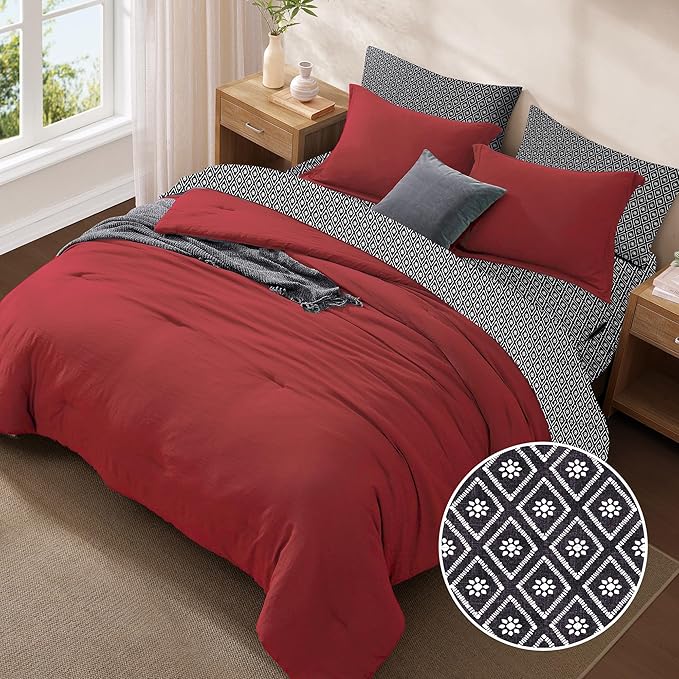 Monbix Full Size Comforter Set - 7 Pieces Bright Red Prewashed Bed in a Bag Full Bedding Sets with Comforters, All Seasons Ultra Soft Comforter Bed Set with Sheets, Pillowcases & Shams