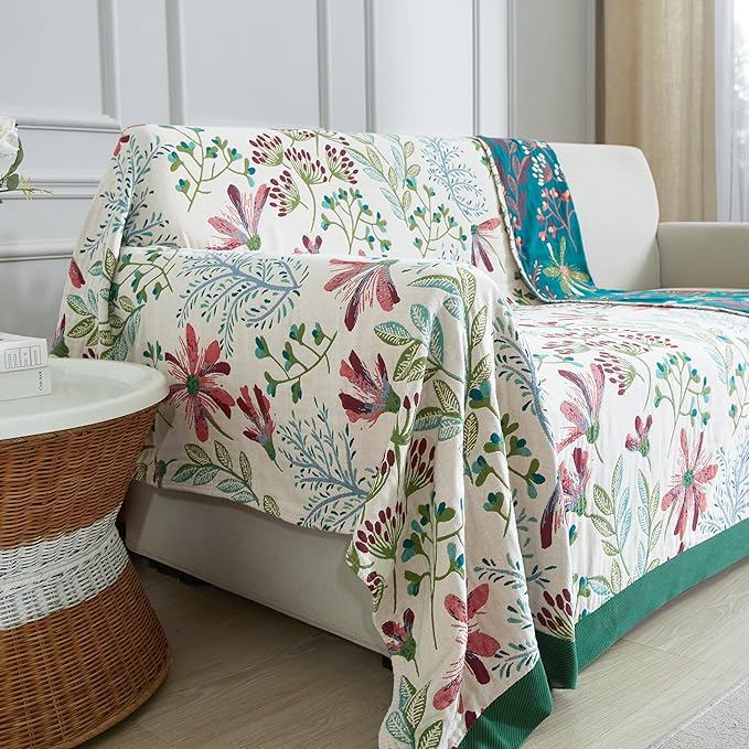 Boho Throw Blanket for Bed 60”x80”, 100% Cotton Woven Blanket for Couch Sofa, Ultra Soft 4-Layer Muslin Quilt with Floral Printed, Farmhouse Bed Blanket/Cover for Living Room Decor