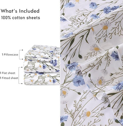 RUVANTI 100% Cotton Sheets – Twin XL Size Percale Bedding, Cooling & Breathable Floral Design, Durable with a Crisp, Soft & Comfortable Feel, 16" Deep Pocket, 3-Piece Set, Sweet Pea