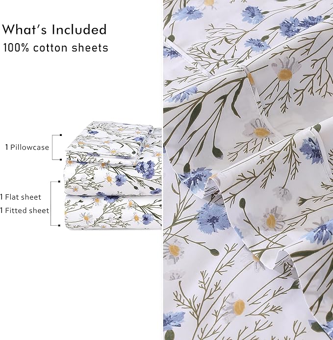 RUVANTI 100% Cotton Sheets – Twin Size Percale Bedding, Cooling & Breathable Floral Design, Durable with a Crisp, Soft & Comfortable Feel, 16" Deep Pocket, 3-Piece Set, Sweet Pea