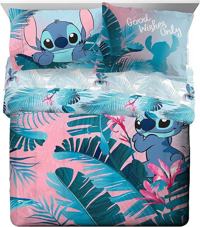 Jay Franco Disney Lilo & Stitch Floral Fun 7 Piece Queen Bed Set - Includes Reversible Comforter & Sheet Set Bedding - Super Soft Fade Resistant Microfiber - (Official Disney Product)
