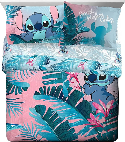 Jay Franco Disney Lilo & Stitch Floral Fun 7 Piece Queen Bed Set - Includes Reversible Comforter & Sheet Set Bedding - Super Soft Fade Resistant Microfiber - (Official Disney Product)
