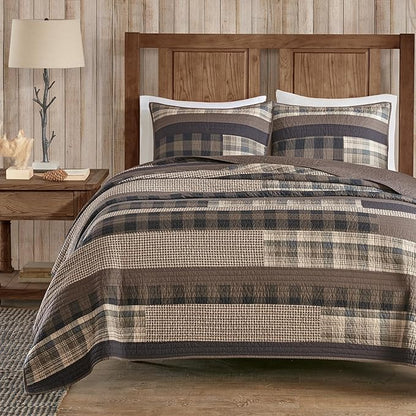 Woolrich Winter Plains Reversible Quilt Set - Cottage Styling Reversed to Solid Color, All Season Lightweight Coverlet, Cozy Bedding Layer, Matching Shams, Oversized Full/Queen, Stripes Taupe 3 Piece