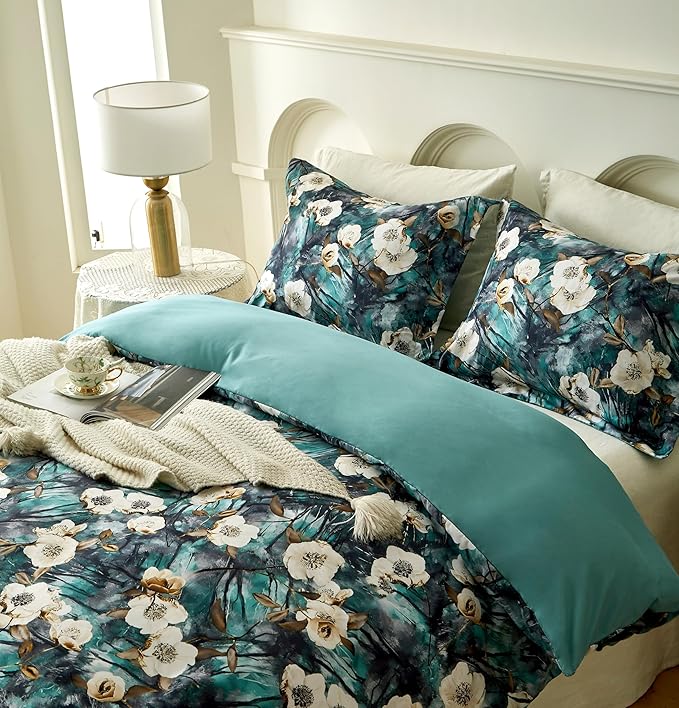 Cupocupa Duvet Cover Queen Size Set Boho Floral Pattern Queen Duvet Cover Set for Queen Size Bed Vintage Soft Bedding Leaf Print Duvet Cover with Pillowcases
