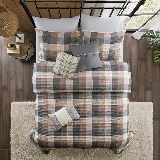 Madison Park Reversible Quilt Cabin Lifestyle Plaid Design - All Season, Breathable Coverlet Bedspread Bedding Set, Matching Shams, King/Cal King(104"x92"), Neutral 6 Piece