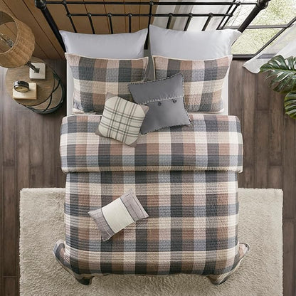 Madison Park Reversible Quilt Cabin Lifestyle Plaid Design - All Season, Breathable Coverlet Bedspread Bedding Set, Matching Shams, King/Cal King(104"x92"), Neutral 6 Piece