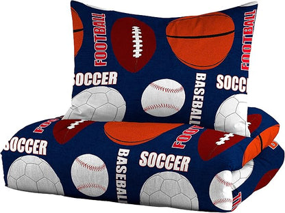 dream FACTORY Kids 7-Piece Complete Set Easy-Wash Super Soft Microfiber Comforter Bedding, Full, Navy All Sports