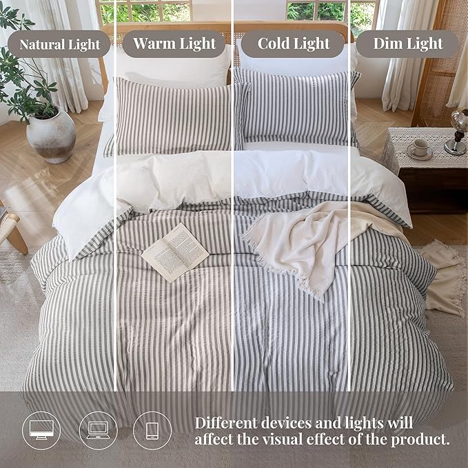 MILDLY Taupe Striped Duvet Cover - 100% Washed Cotton Jacquard Textured Comforter Cover with Dual Zipper Closure & 8 Coner Ties