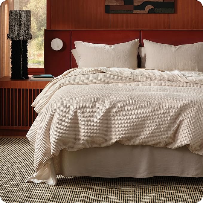 Bedsure Cotton Duvet Cover Queen Size - 100% Cotton Waffle Weave Beige Duvet Cover, PureWoven Textured Breathable Bedding Comforter Cover for All Season, 1 Duvet Cover Only 90"x90"