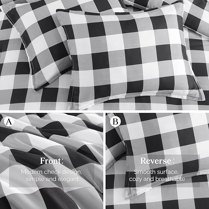 Andency Black Grey White Plaid Comforter Set Full Size (79x90 Inch), 3 Pieces (1 Gingham Comforter and 2 Pillowcases), Summer Lightweight Microfiber Buffalo Check Down Alternative Comforter Set