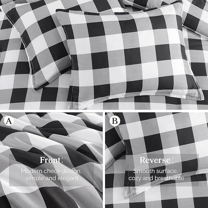 Andency Black Plaid Comforter Set Queen Size (90x90 Inch), 3 Pieces (1 Gingham Comforter & 2 Pillowcases), Summer Lightweight Microfiber Buffalo Check Down Alternative Comforter Set, Black/Grey/White