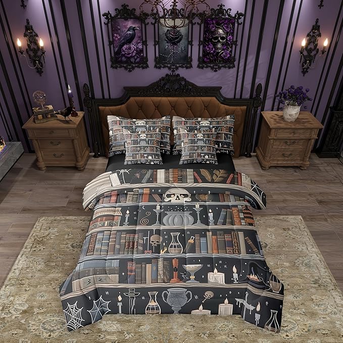 Feelyou Magic Bookshelf Comforter Set 7 Pieces King Size Vintage Library Bedding Set for Boys Girls Book Skull Bed in a Bag with Comforter, Sheets, Pillowcases & Cushion Covers