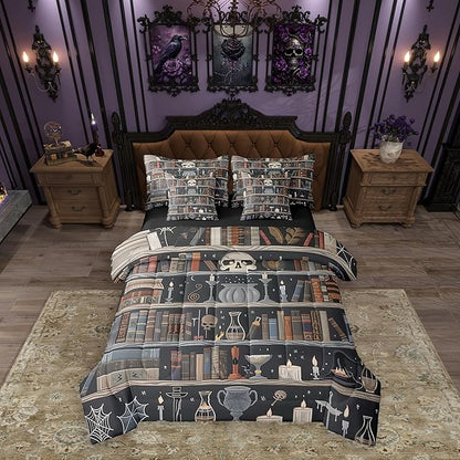 Feelyou Magic Bookshelf Comforter Set 7 Pieces King Size Vintage Library Bedding Set for Boys Girls Book Skull Bed in a Bag with Comforter, Sheets, Pillowcases & Cushion Covers