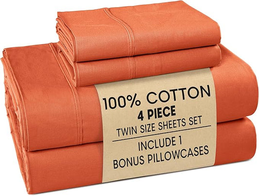 Casa Platino 100% Cotton Sheets Twin – Breathable Crisp Percale Twin Mattress Sheets with 2 Pillowcases, 15" Deep Pocket Fitted Sheet, Ultra Soft & Cozy Feel for Great Nights Sleep – Rust