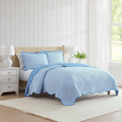 Martha Stewart - Twin Quilt Set, 100% Soft & Breathable Bedding with a Lightweight Feel for Year Round Comfort, 2 Piece Bed Set with Matching Pillowcase (Olivia Gingham Blue)