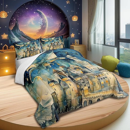 Cartoon Dragon King Size Comforter Set,Kids Watercolor Castle Decor All Season Bedding Set,Teens Dreamy Starry Sky Comforter,Fairy Tale Theme Decor Quilt Set Bedroom Collection 3Pcs