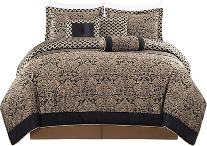 Chezmoi Collection 7-Piece Black/Gold Diamond Floral Medallion Jacquard Woven Comforter Set, King