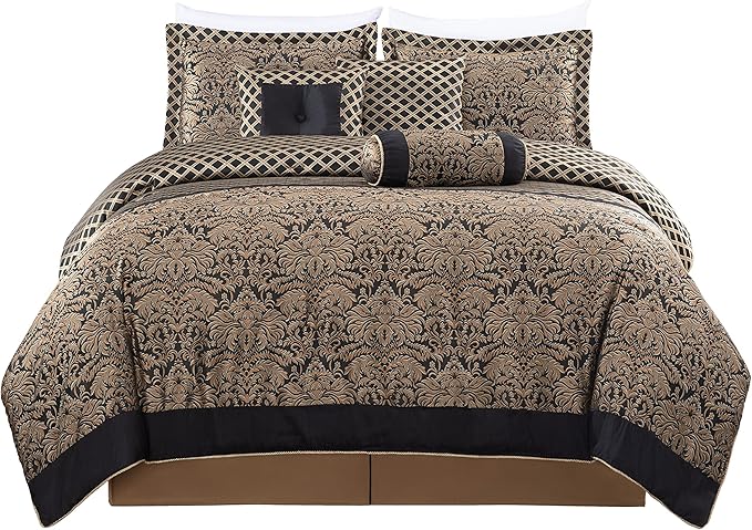 Chezmoi Collection 7-Piece Black/Gold Diamond Floral Medallion Jacquard Woven Comforter Set, Queen