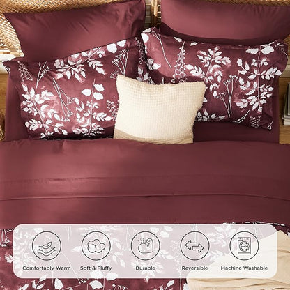 Bedsure Queen Comforter Set - 7 Pieces Floral Burgundy Soft Bedding Sets, Queen Bed in a Bag with Botanical Flowers Comforter, Sheets, Pillowcases & Shams
