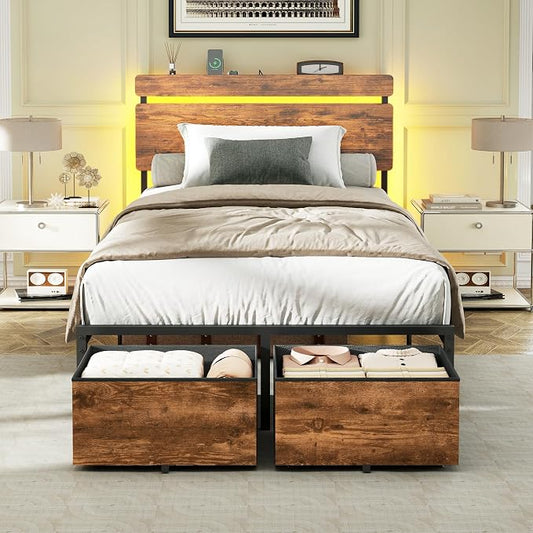 Forestell Twin Bed Frame with Wood Headboard,2 Storage Drawers & Shelf | Built-in Charging Station & LED Lights, Metal Support, No Box Spring Needed, noise-free, easy assembly, Smart RGB, USB+Type-C
